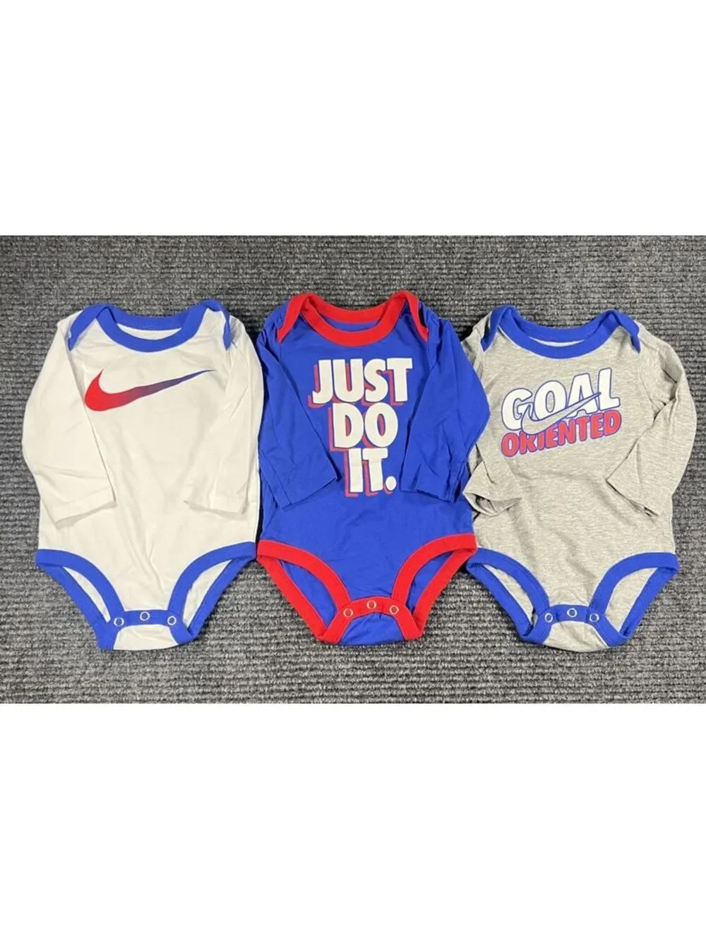 Nike Baby Bodysuits 3-Pack Long Sleeve Onesies Size 9 Months - Red, Blue, Gray